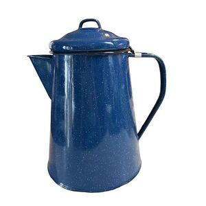 Metal Coffee Pot Blue Graniteware Enamelware 9-1/2" With Percolator basket